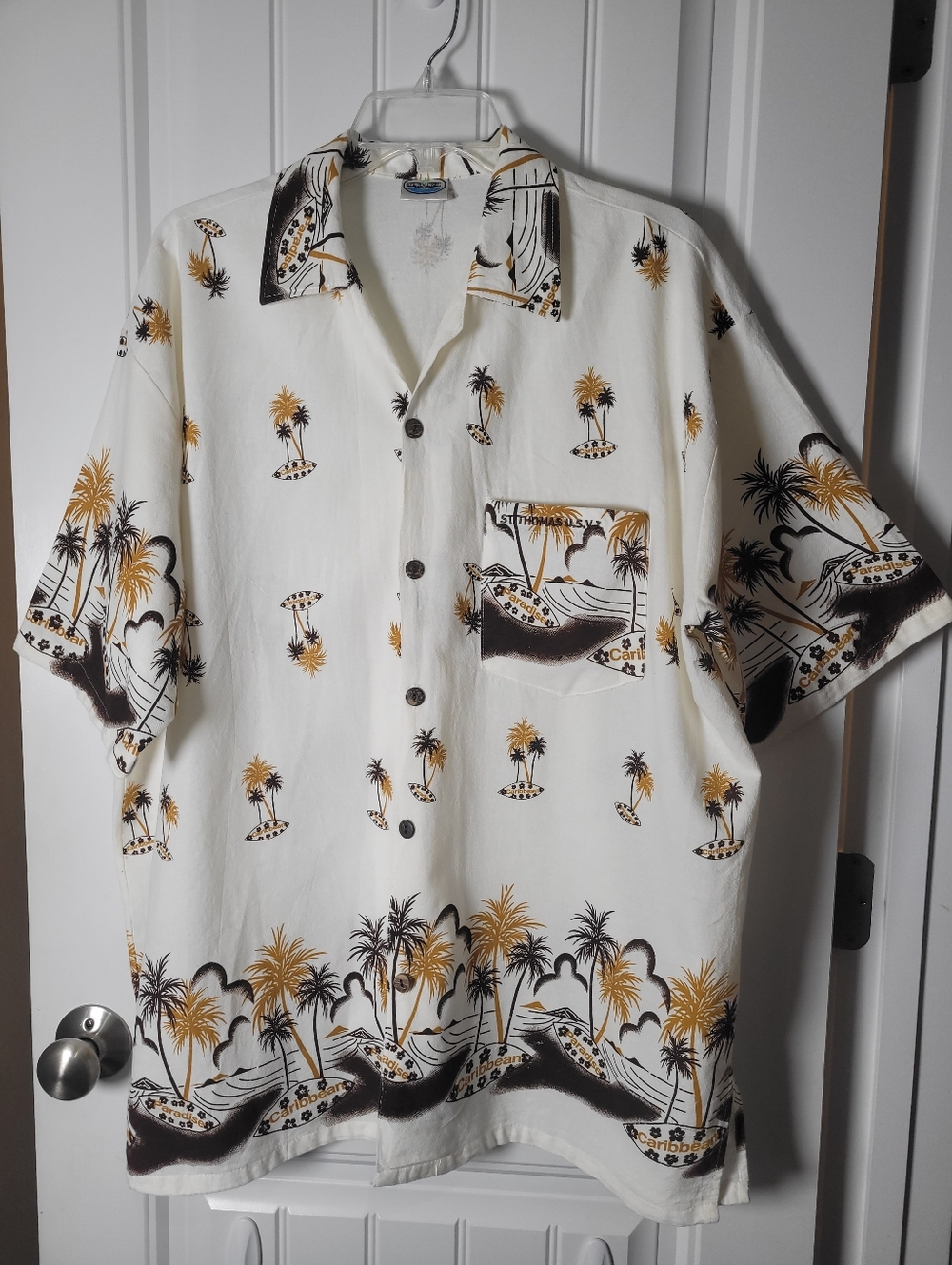 Classic Men's Hawaiian Shirt - Cream with Gold & Black Palm Print by Ocean Blue